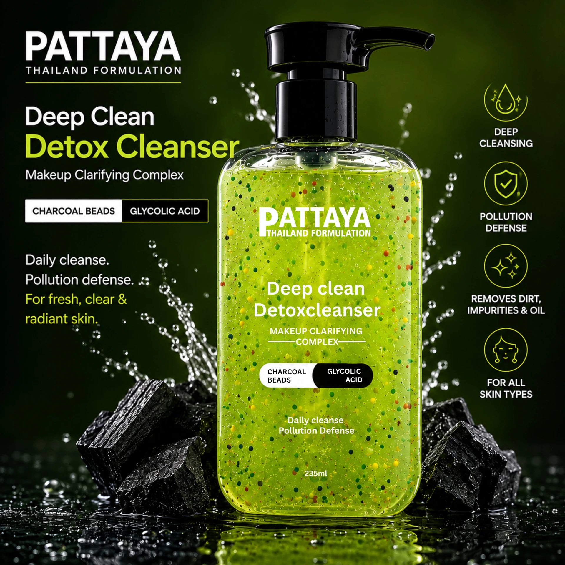 Pattaya Deep Clean Detox Cleanser | Glycolic Acid & Charcoal Beads Face Cleanser for Deep Cleansing | 235ml