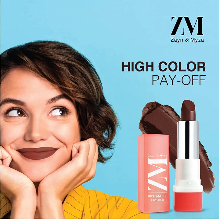 ZM Zayn & Myza Rich Matte Lipstick | Smooth and Light Weight | Intense Color in one Swipe | High Pigmentation Bullet Lip Stick Enriched with Argan oil, Murumuru and Shea Butter, (4.2 G)