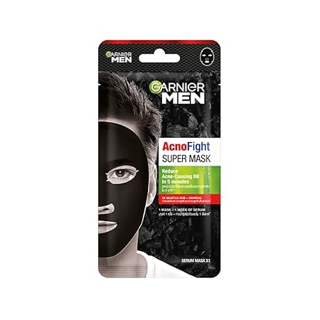 Garnier Men Acno Fight XL Tissue Mask Men, 5X Salicylic Acid and Charcoal Powder, Fight Pimple causing Sebum & Germs in 5 min, 10X absorption power for better absorption of serum, for all Skin types
