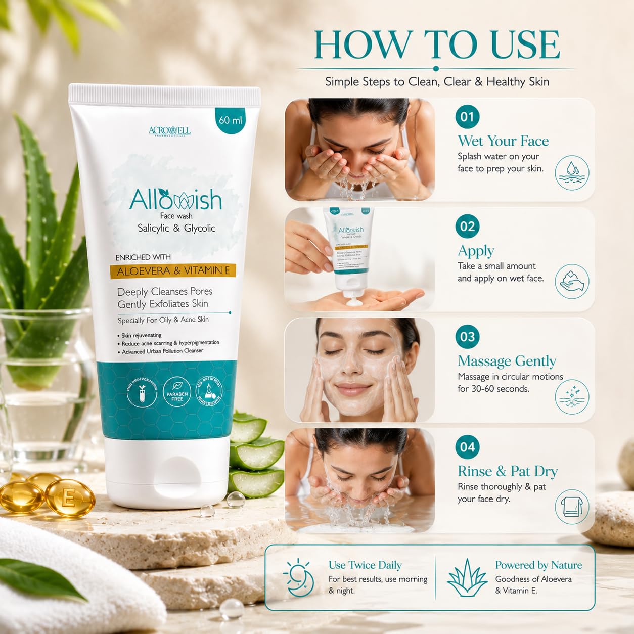 ALLOWISH Salicylic Acid Face Wash by Acrowell | Salicylic & Glycolic Acid Face Wash for Acne, Pimples & Oily Skin | 60ml