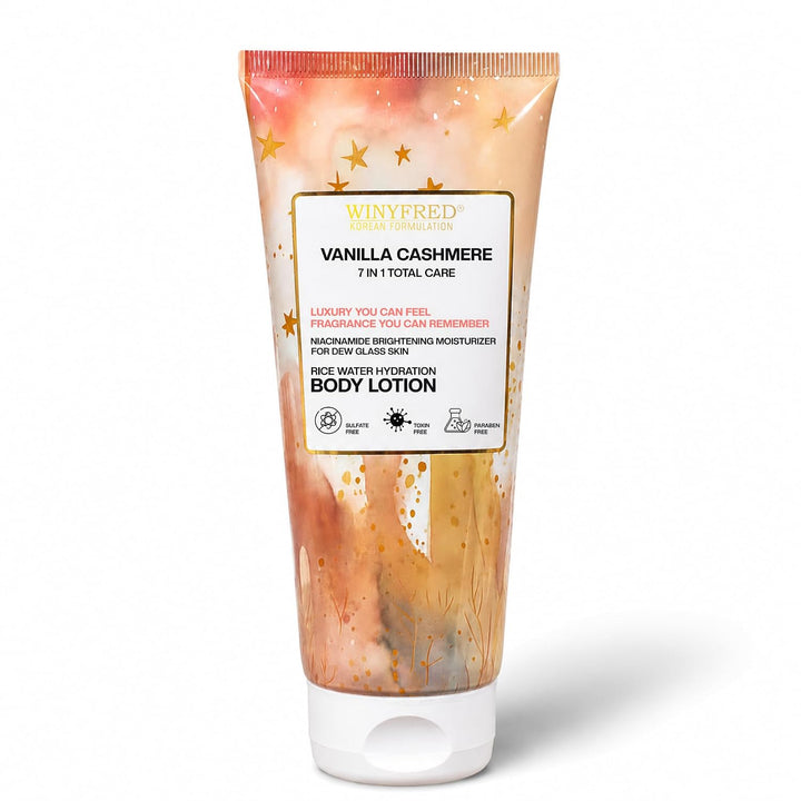 WINYFRED Vanilla Cashmere Body Lotion | Korean Formulation with Rice Water & Niacinamide | Deep Moisturizing Body Lotion for Soft, Smooth & Glowing Skin | Non-Greasy | 200ml