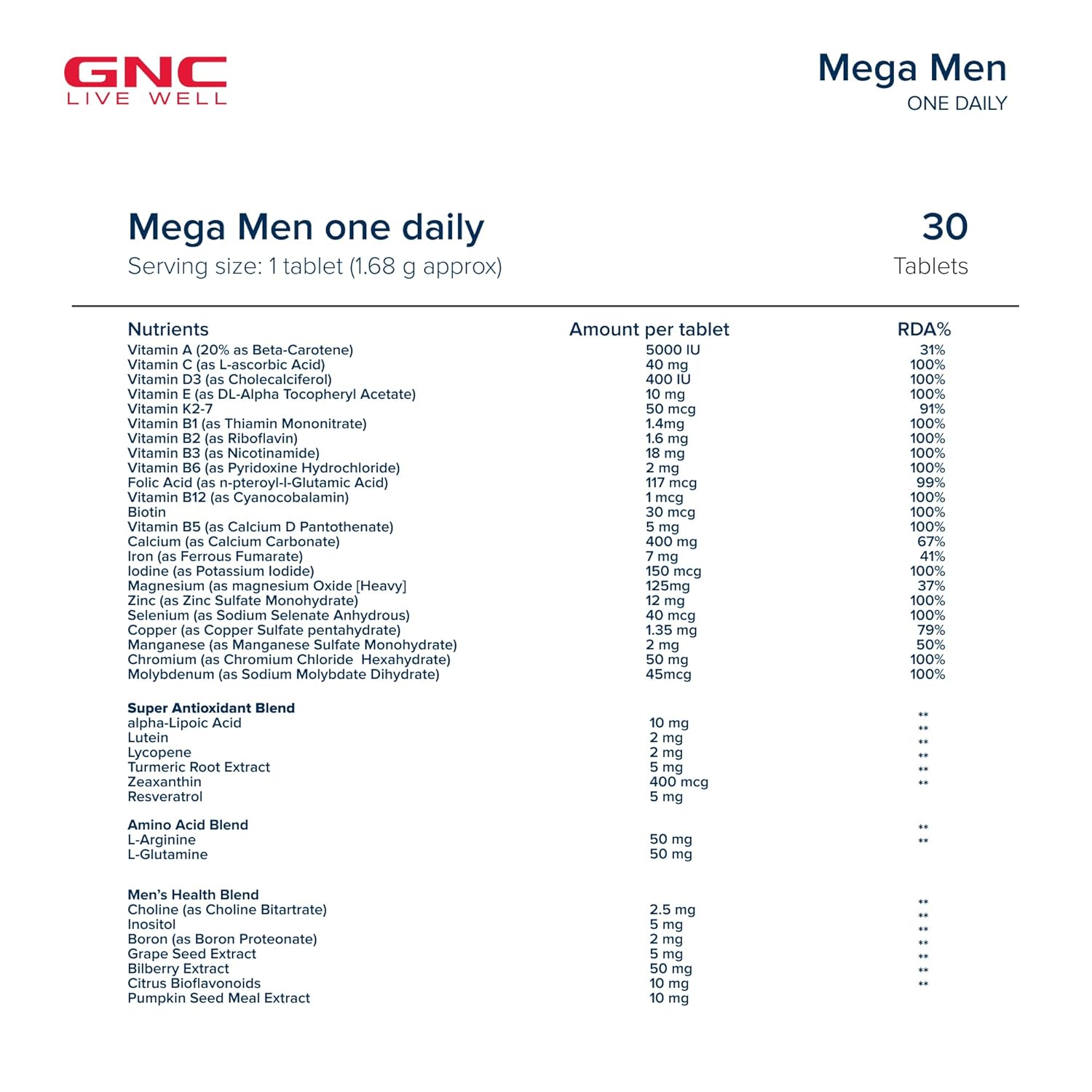 GNC Mega Men One Daily Multivitamin for Men (30 Tablets)