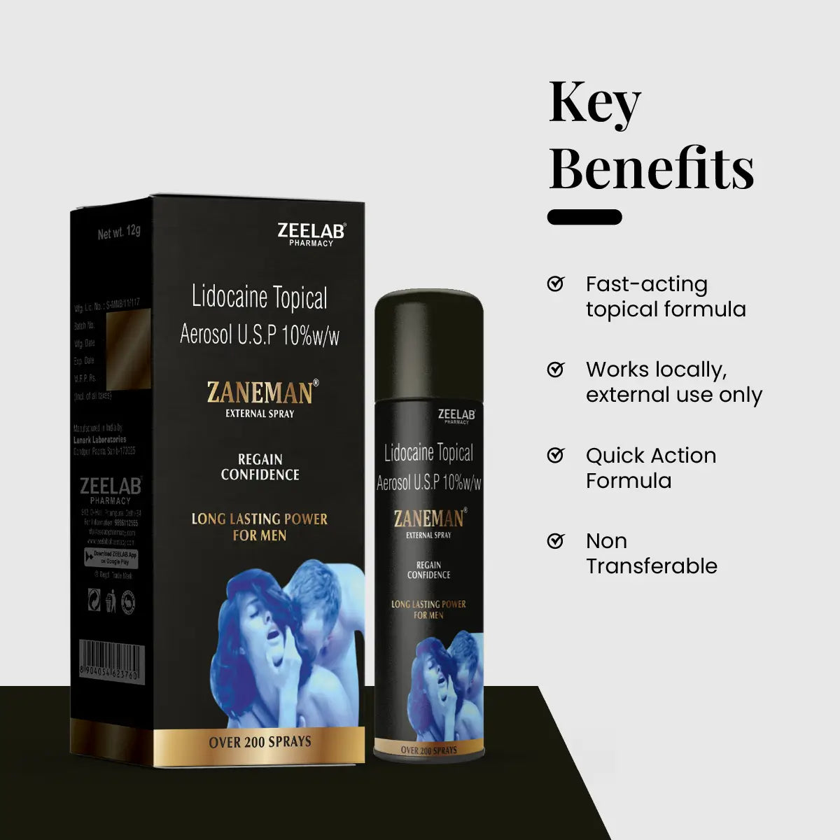 ZANEMAN Delay Spray For Men – Lidocaine Topical Aerosol 10% w/w | 12g