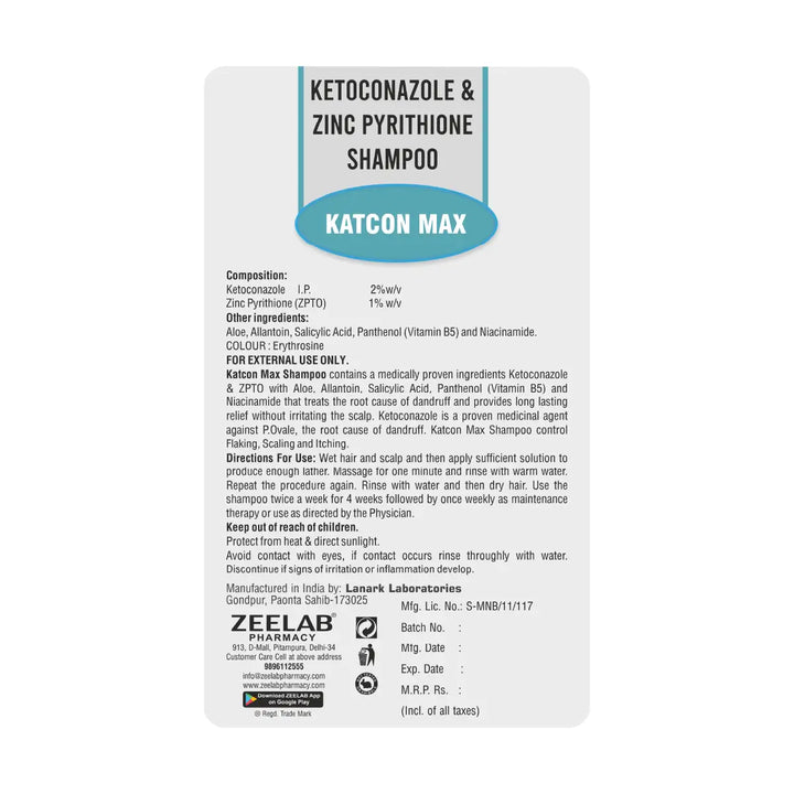 ZEELAB Katcon MAX Anti-Dandruff Shampoo | Ketoconazole 2%, Zinc Pyrithione, Salicylic Acid, Aloe Vera & Niacinamide | 100ml