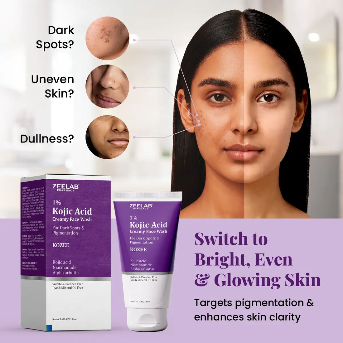 ZEELAB Kozee Kojic Acid 1% Face Wash | Niacinamide, Alpha Arbutin & Vitamin E | Skin Brightening & Anti-Pigmentation | 100ml