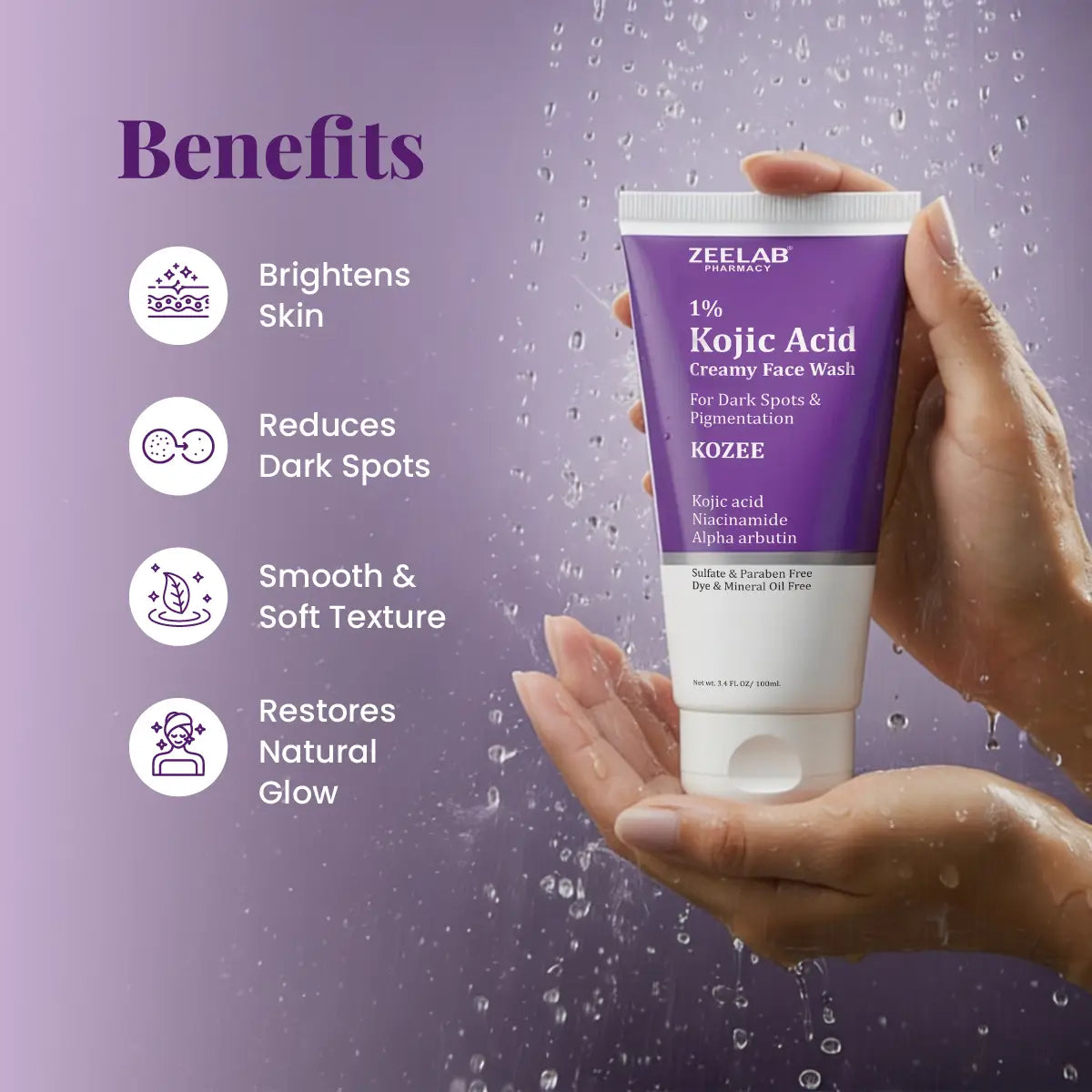 ZEELAB Kozee Kojic Acid 1% Face Wash | Niacinamide, Alpha Arbutin & Vitamin E | Skin Brightening & Anti-Pigmentation | 100ml
