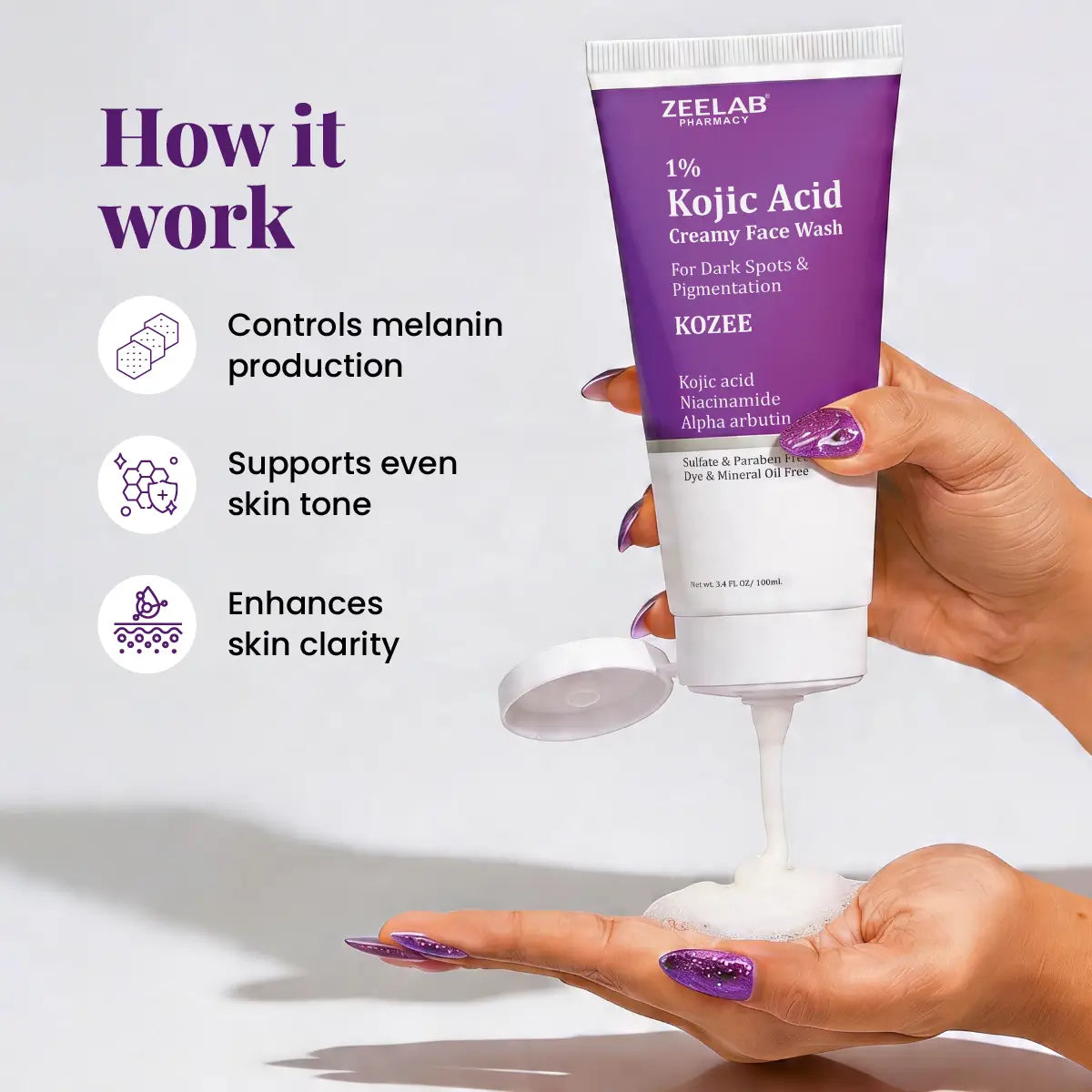 ZEELAB Kozee Kojic Acid 1% Face Wash | Niacinamide, Alpha Arbutin & Vitamin E | Skin Brightening & Anti-Pigmentation | 100ml