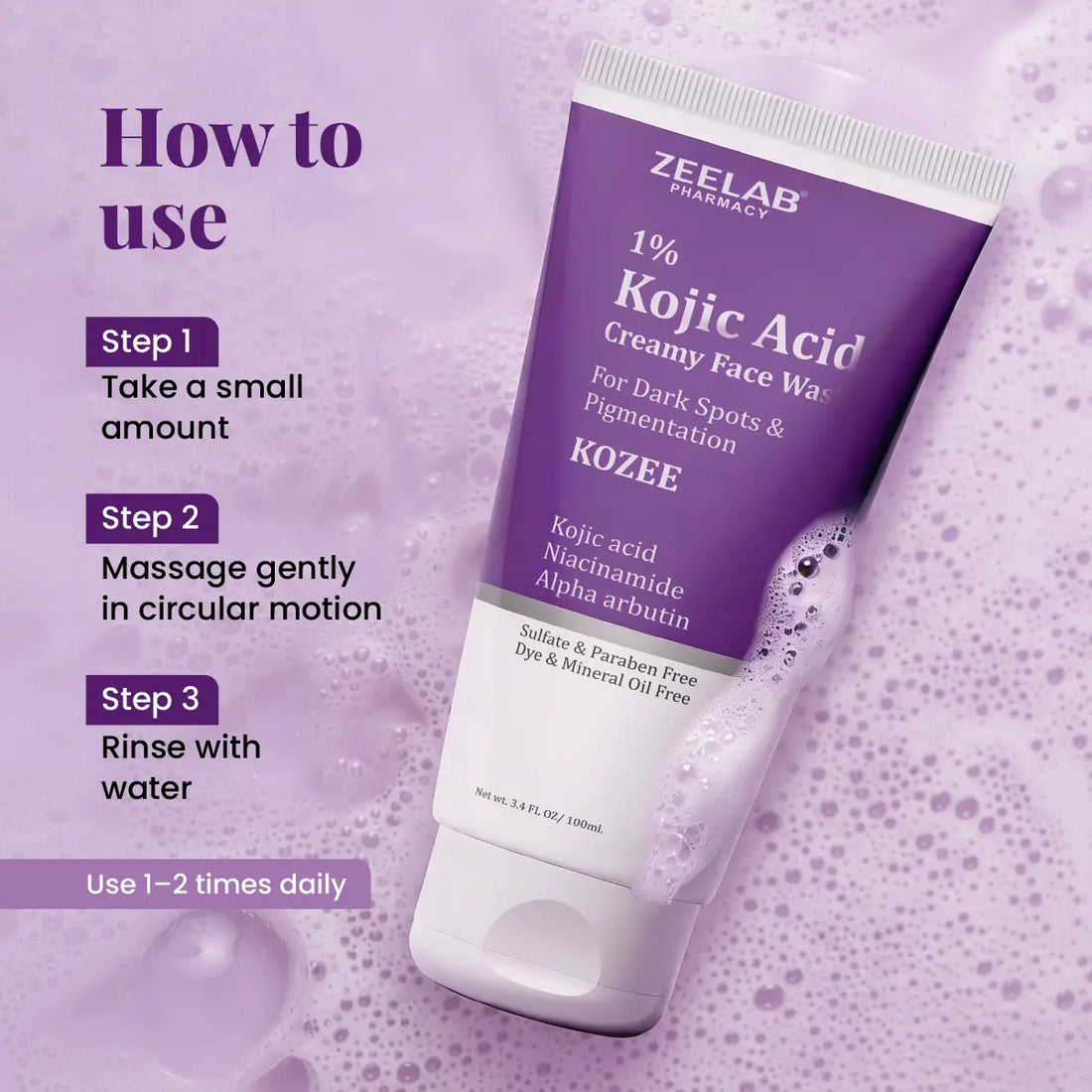 ZEELAB Kozee Kojic Acid 1% Face Wash | Niacinamide, Alpha Arbutin & Vitamin E | Skin Brightening & Anti-Pigmentation | 100ml