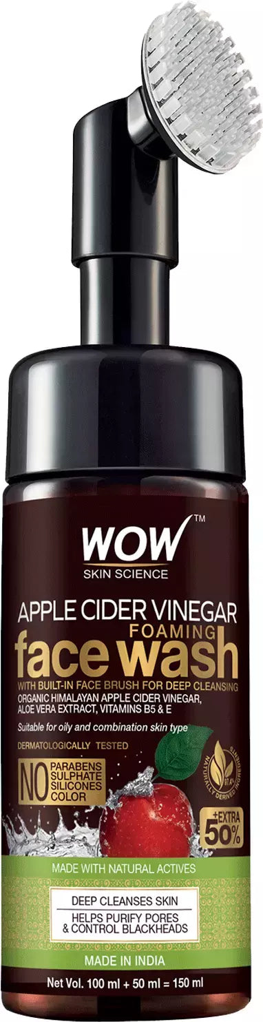 WOW Skin Science Apple Cider Vinegar Foaming Face Wash with Built-In Face Brush