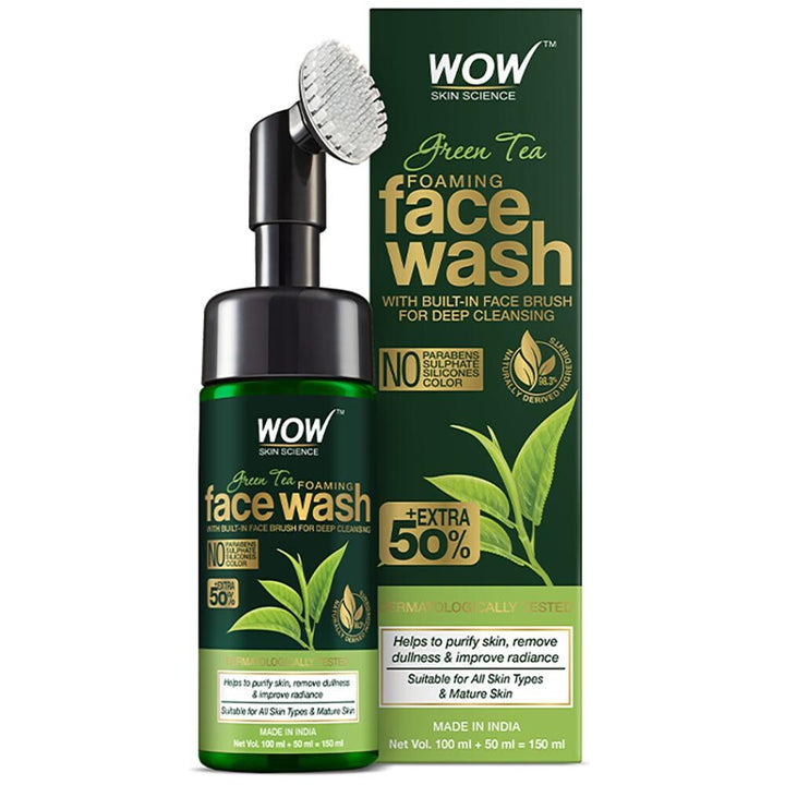 WOW Skin Science Green Tea Foaming Face Wash with Built-In Face Brush - With Green Tea & Aloe Vera Extract - For Purifying Skin, Improving Radiance - No Parabens, Sulphate, Silicones & Color - 100 ml