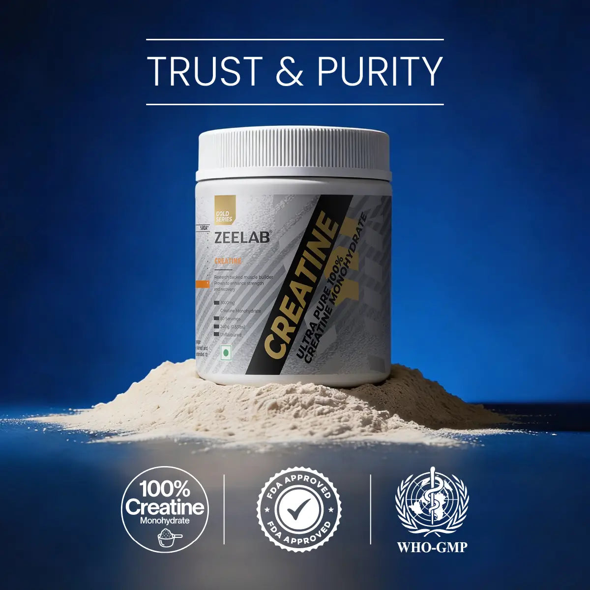 ZEELAB 100% Creatine Monohydrate Powder | Micronized Creatine for Muscle Strength, Power & Workout Performance | Unflavoured | 240g (80 Servings)